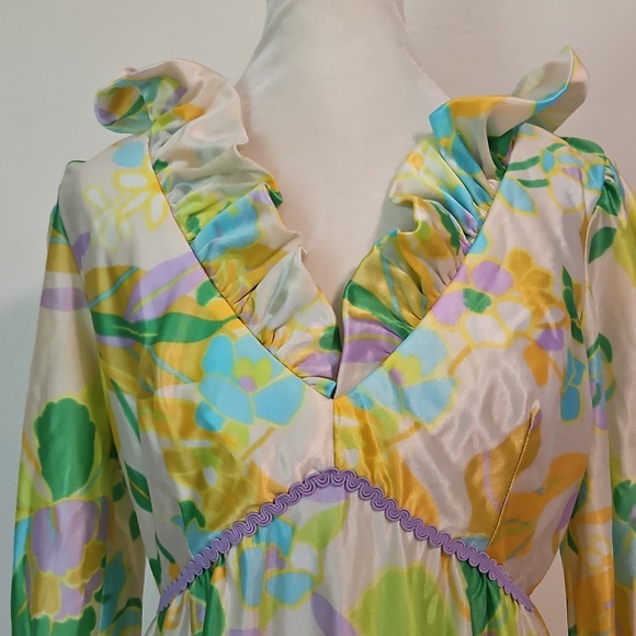 70s Floral Ruffle V-Neck Long Sleeve Maxi Dress - Green & Yellow M? - Picture 2 of 6